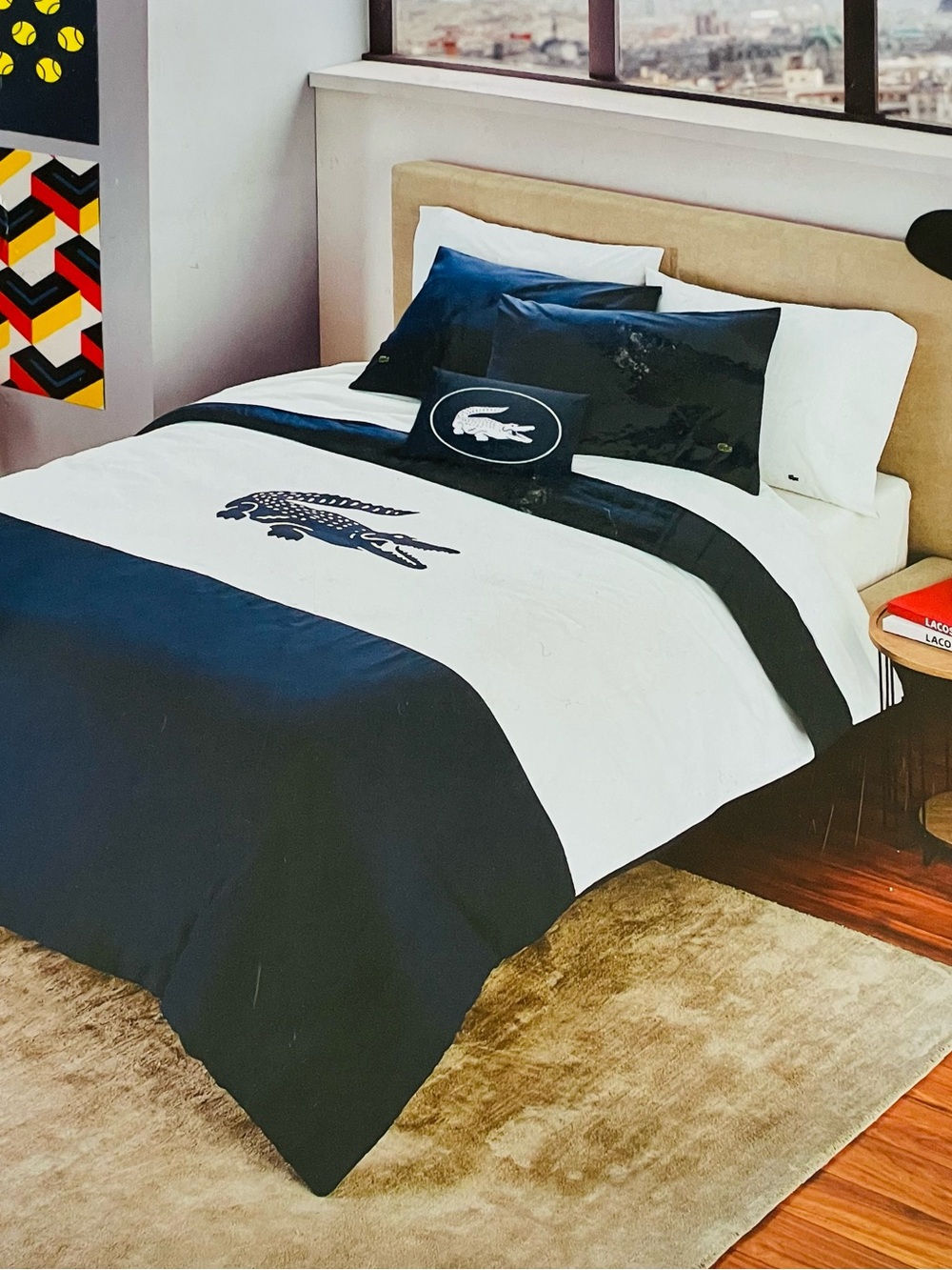 New❤️Lacoste Navy and White Striped Logo Queen Comforter Set